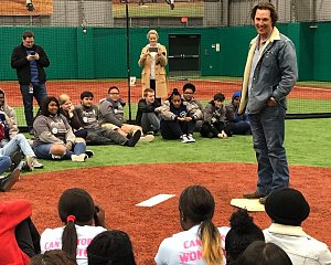 matthew mcconaughey speaks with students involved with the buckner family hope center at the texas rangers mlb youth academy